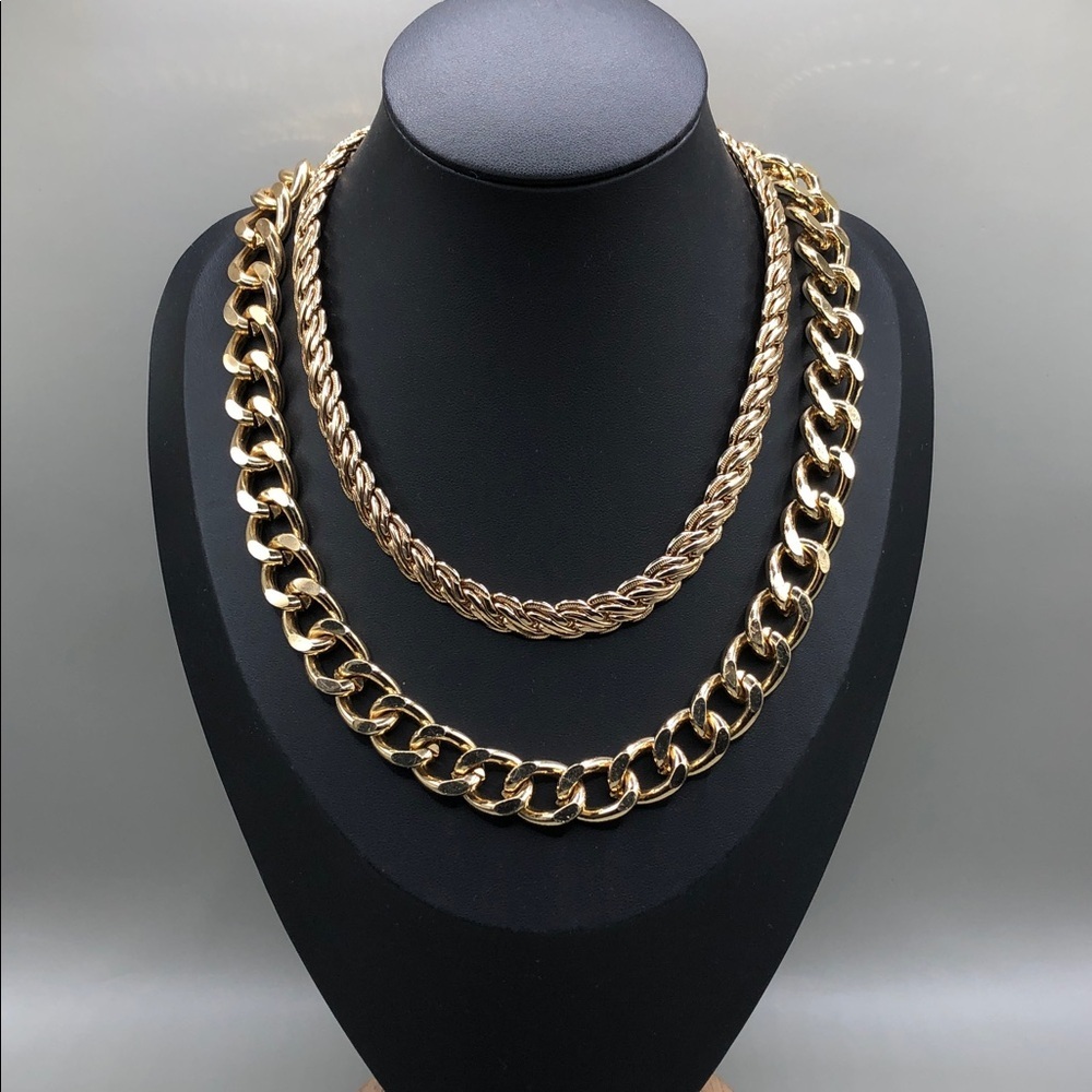 Gold tone chunky chain trendy costume jewelry necklaces bundle 2 layered look.